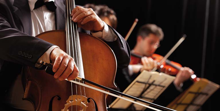 String instruments being played as part of an orchestra